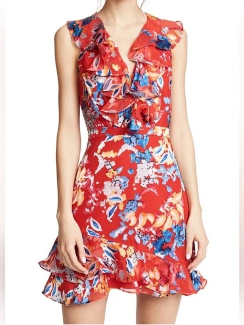 Saloni Red Floral Ruffle Dress